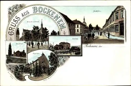 Litho Bockenem in Niedersachsen, Kirche, Kriegerdenkmal, Marktplatz, Bahnhof, Jägerhaus, Königsturm