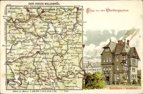 Landkarten Litho Waldbröl im Oberbergischen Land, Kreis Waldbröl, Kreishaus