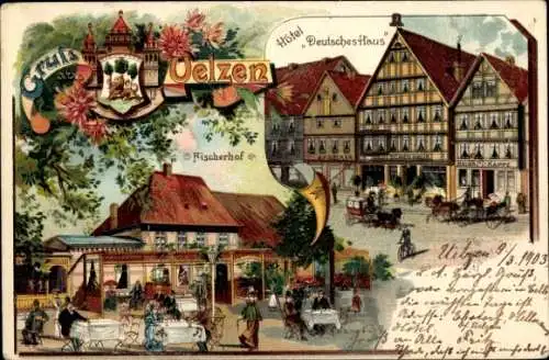 Litho Uelzen in Niedersachsen, Hotel Deutsches Haus, Fischerhof, Wappen