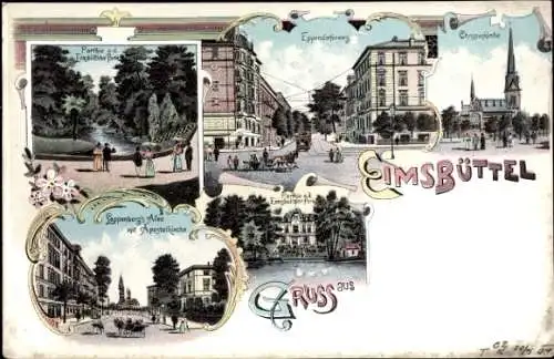 Litho Hamburg Eimsbüttel, Lappenberg-Allee, Christuskirche, Parkanlagen