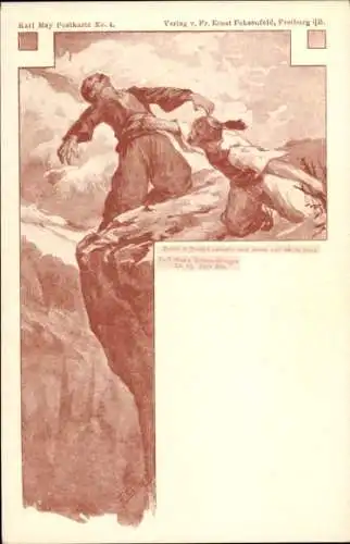 Künstler Litho Karl May, Band 6 Seite 208, Barud el Amasat, Sturz vom Teufelsfelsen