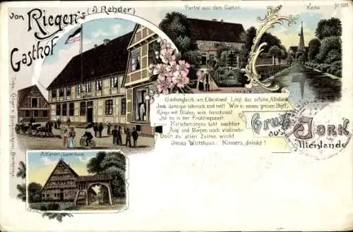 Litho Jork im Alten Land, Von Riegens Gasthof, Inh. J. Rehder, Kirche, Altländer Bauernhaus, Gedicht