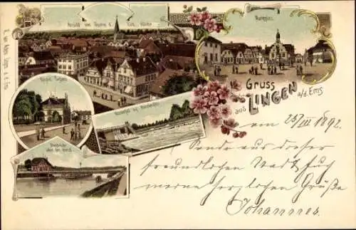 Vorläufer Litho Lingen im Emsland, Marktplatz, Blick auf den Ort, Wasserfall, 1892