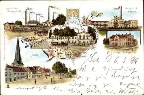 Litho Schöppenstedt in Niedersachsen, Amtsgericht, Zuckerfabrik Altenau, Markt, Bahnhof