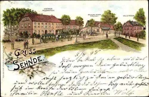 Litho Sehnde in Niedersachsen, Gasthaus, Villa, Molkerei, Straßenbahn