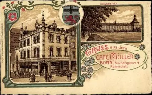 Wappen Litho Bonn am Rhein, Universität, Cafe Müller, Bischofsgasse 4, Römerplatz