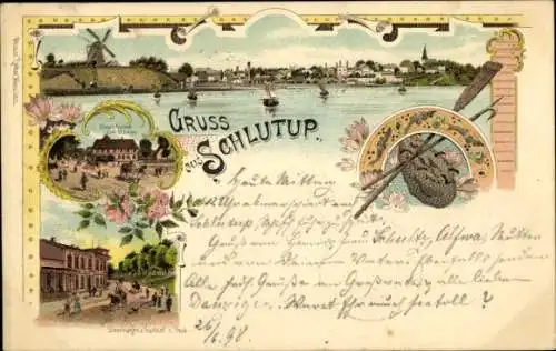 Litho Schlutup Hansestadt Lübeck, Böges Gasthof zum Schwan, Steenhagens Gasthof zu Post, Windmühle