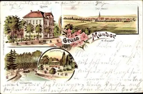 Litho Bad Münder am Deister, Kurhotel, Badepark, Teichpartie, Totalansicht