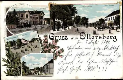 Litho Ottersberg in Niedersachsen, Bahnhof, Gleisseite, Hotel, Kapelle, Schule