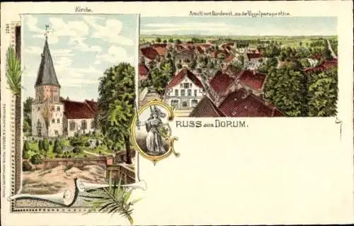 Litho Dorum Wurster Nordseeküste, Kirche mit Gesamtansicht der Ortschaft