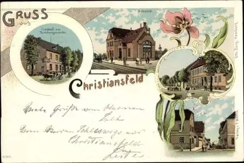 Litho Christiansfeld Kolding Dänemark, Bahnhof, Gleisseite, Gasthof zur Brüdergemeinde