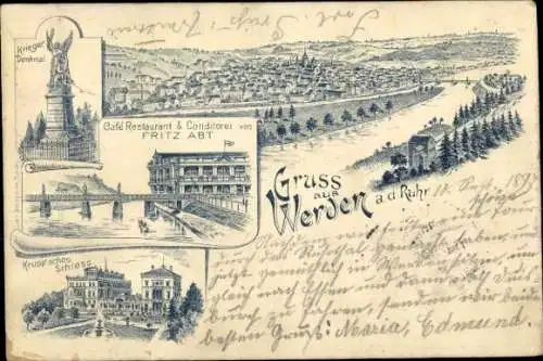 Litho Werden Essen im Ruhrgebiet, Cafe und Restaurant, Kriegerdenkmal, Krupp'schles Schloss