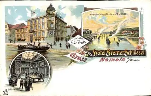 Litho Hameln an der Weser Niedersachsen, Hotel Bremer Schlüssel, Billardsaal