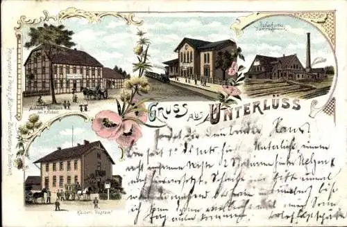 Litho Unterlüß Südheide Niedersachsen, Hubachs Gasthaus, Dampfsägewerk, Bahnhof, Postamt