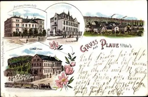 Litho Plaue Bernsdorf Flöha in Sachsen, Amtshauptmannschaft, Schule, Gasthof