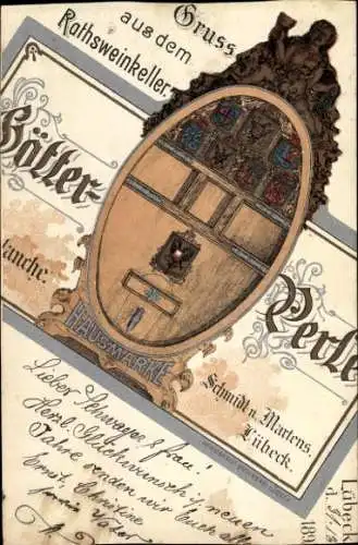 Litho Lübeck in Schleswig Holstein, Ratsweinkeller, Hausmarke, Schmidt und Martens