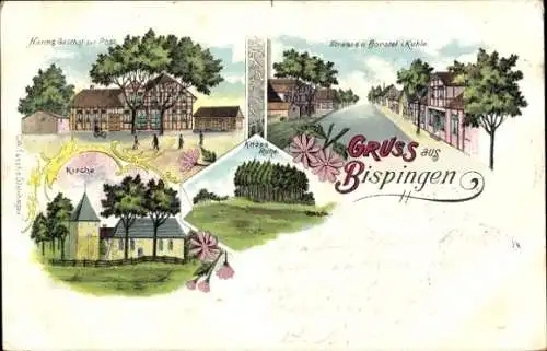 Litho Bispingen in der Lüneburger Heide, Gasthof zur Post, Kirche