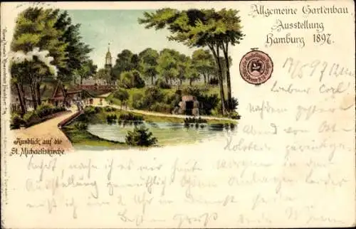 Litho Hamburg, Allg. Gartenbau Ausstellung 1897, St. Michaeliskirche, Anlagen