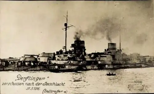 Ak Deutsches Kriegsschiff SMS Derfflinger zerschossen nach der Seeschlacht 1916, I. WK