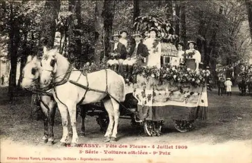 Ak Wassy Haute-Marne, Blumenfest 1909, bespannte Kutschen, 9 Preise