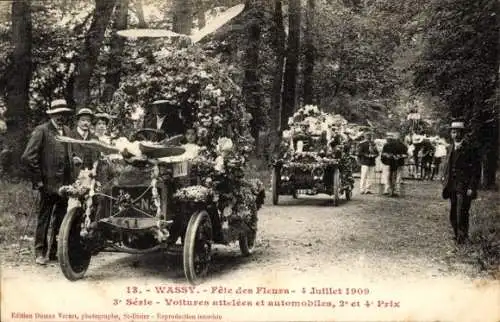 Ak Wassy Haute-Marne, Blumenfest 1909, Kutschen und Automobile, 2. und 4. Preis