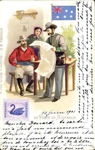 Briefmarken Litho Australian, Post, Postbote liest aus der Zeitung vor