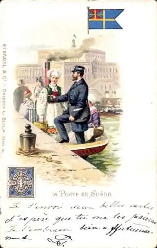 Briefmarken Litho Post in Schweden, Postbote, Boot, Tracht