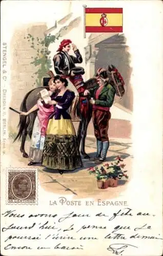 Briefmarken Litho Post in Spanien, Briefträger, Pferd, Trachten