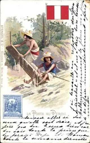 Briefmarken Litho Post in Peru, Fluss, Floß, Fahne