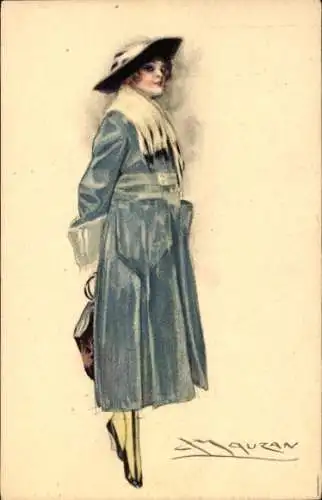 Künstler Ak Mauzan, Frau in blauem Kleid, Handtasche, Hut, Schal