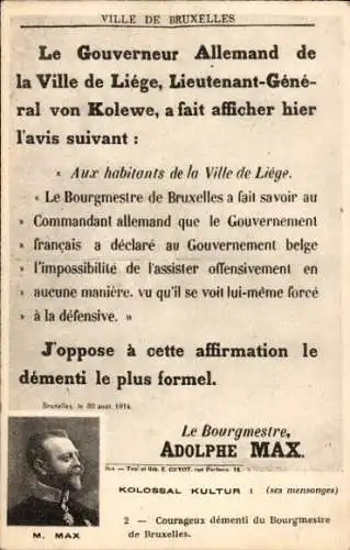 Ak Liège Lüttich Wallonien, Gutachten des Generalleutnants c. Kolewe, Bürgermeister Adolphe Max