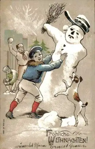 Litho Glückwunsch Weihnachten, Schneeballschlacht, Schneemann, Hund