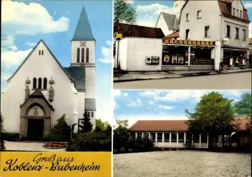 Ak Bubenheim in Rheinland Pfalz, Kirche, Straßenpartie, Geschäft