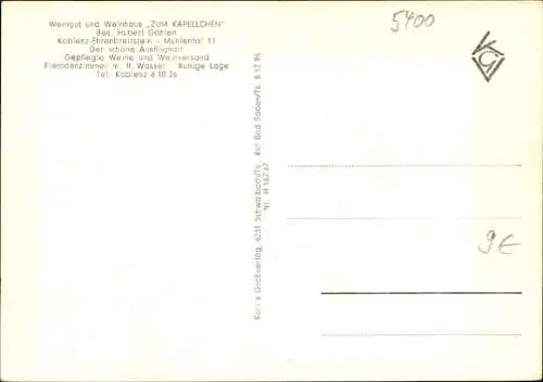 Ak Ehrenbreitstein Koblenz am Rhein, Weingut und Weinhaus "Zum Kapellchen"