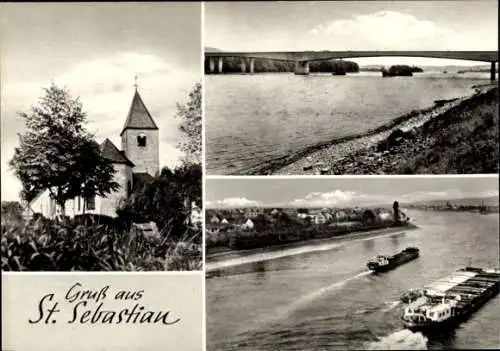 Ak Sankt Sebastian am Rhein, Kirche, Brücke, Schiff