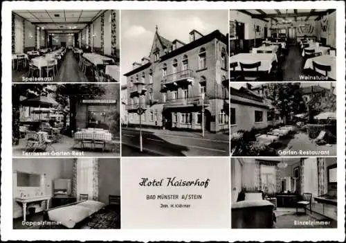 Ak Bad Münster am Stein, Ebernburg, Hotel Kaiserhof, Speisesaal, Weinstube, Garten, Zimmer