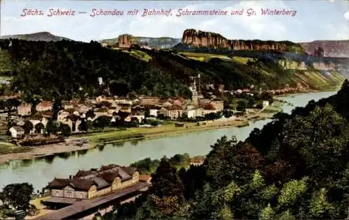 Ak Bad Schandau Sächsische Schweiz, Totalansicht, Schrammsteine, Großer Winterberg