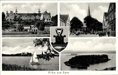 Ak Plön am See Holstein, Wappen, Stadtbild, Uferpartie, Insel