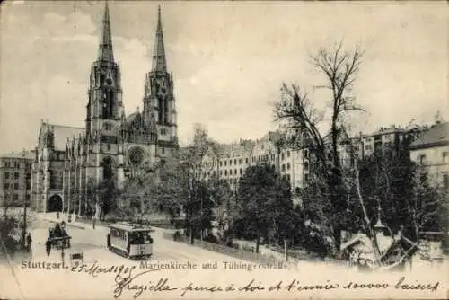 Ak Stuttgart in Württemberg, Marienkirche, Tübingerstraße, Straßenbahn