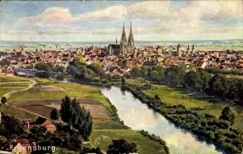 Künstler Ak Regensburg an der Donau Oberpfalz, Totalansicht der Stadt