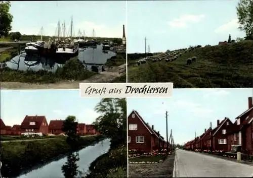 Ak Drochtersen Niedersachsen, Hafen, Weide mit Schafen, Kanal, Häuser