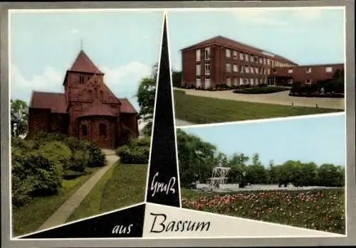 Ak Bassum, Teilansichten, Kirche, Blumenfeld und Freibad, Gebäude