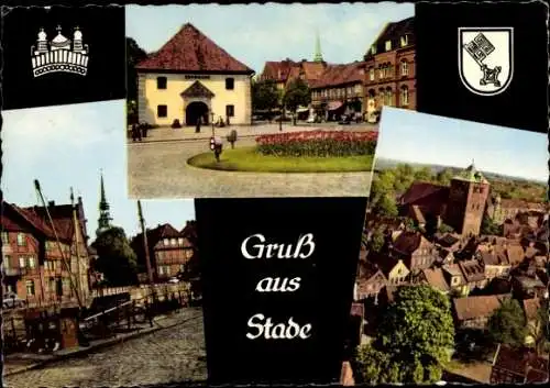 Ak Stade in Niedersachsen, Pferdemarkt, Zeughaus, Blick von St. Cosmae Kirche auf St. Wilhadt