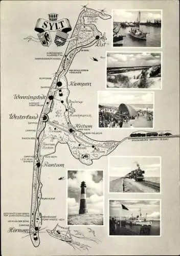 Ak Insel Sylt in Nordfriesland, Landkarte der Insel, Leuchtturm, Hafen, Dünen, Eisenbahn, Schiff