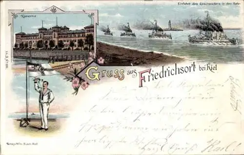 Litho Friedrichsort Kiel, Kaserne, Hafen, Kriegsschiffe