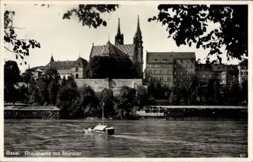 Ak Basel Stadt Schweiz, Rheinpartie mit Münster