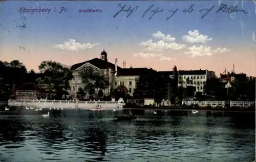 Ak Kaliningrad Königsberg Ostpreußen, Blick vom Wasser zur Stadthalle