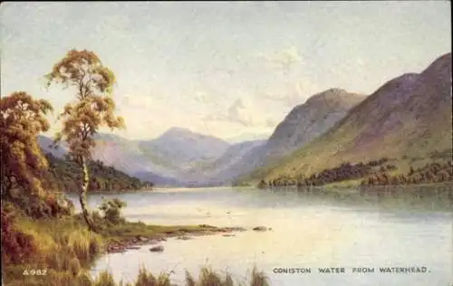 Künstler Ak Coniston Cumbria England, Panorama von Waterhead