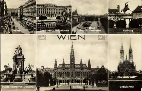 Ak Wien 13 Hietzing Österreich, Schönbrunn, Maria-Theresien-Denkmal, Rathaus, Votivkirche, Graben