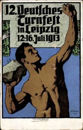 Künstler Ak Treiber, H., 12. Deutsches Turnfest in Leipzig 1913, Mann wirft Stein